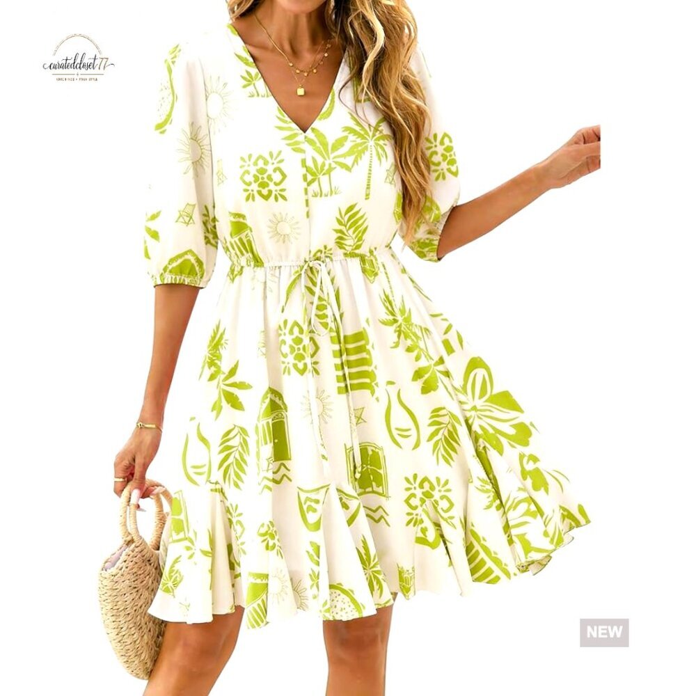 V-Neck Short Sleeve Boho Dress with Ruffle Hem for Beach Wedding Guest